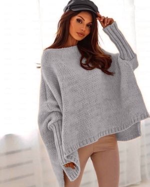 Дамски пуловер с ефектни ръкави 00945 сив
